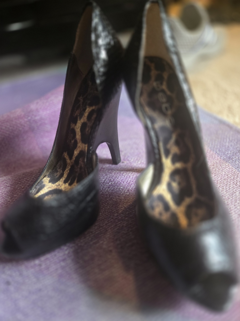 Bebe Black Women's Peep-Toe High Heels with Leopard Print Lining